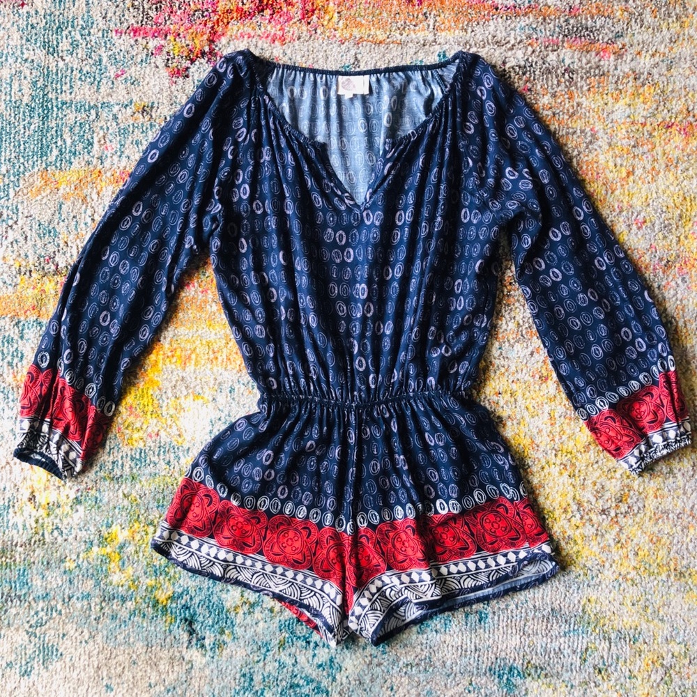 Anthropologie Lilka Navy Red & White LS Romper